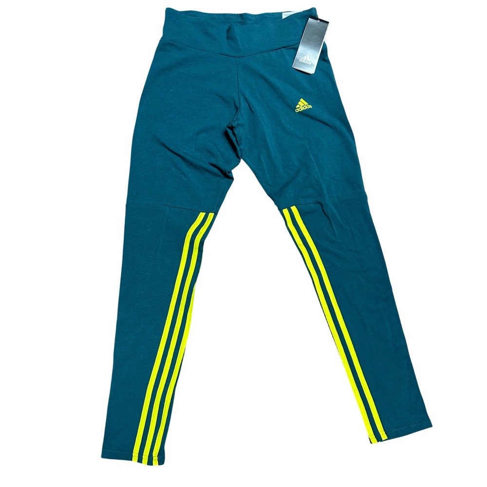 Adidas Women Wild Teal Yellow 3-Stripes Cotton Leggings Tights Small GU9641 NWT